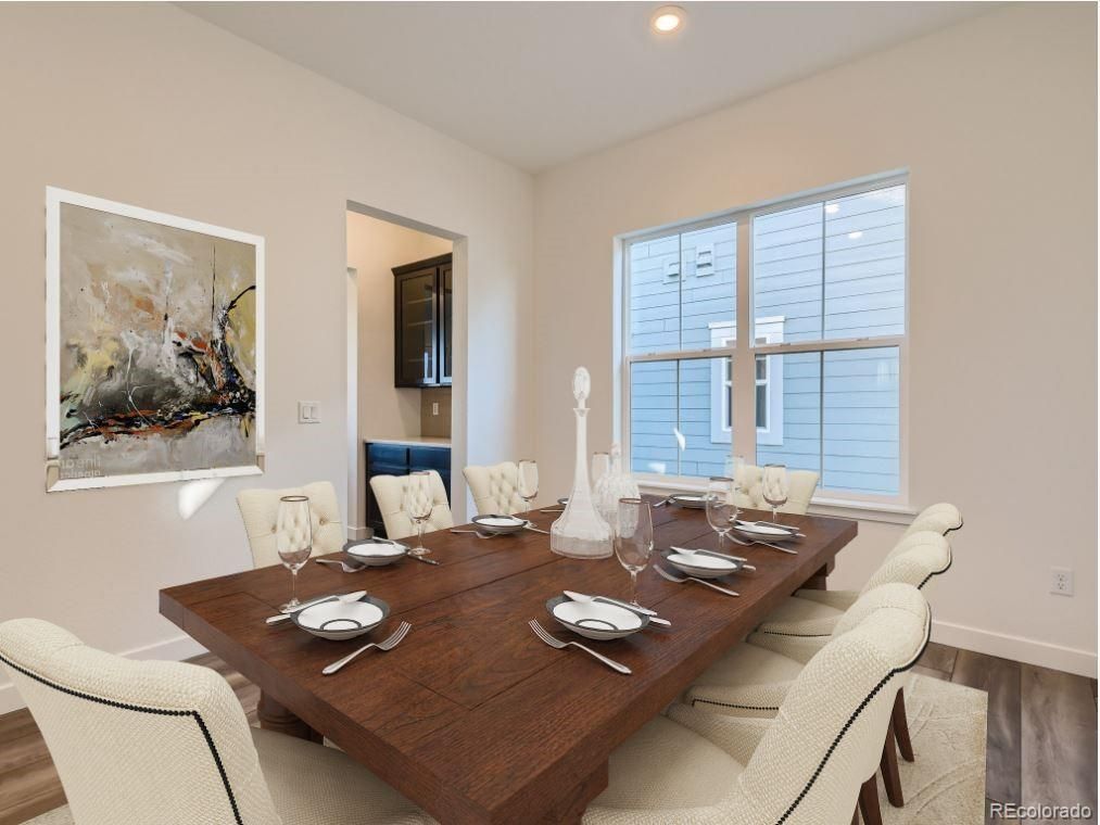 Dining room, Interior, Recessed Lighting, Wood Texture Flooring