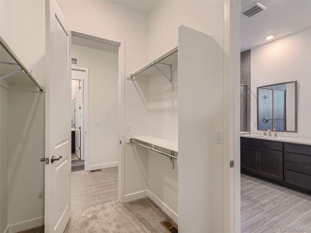 Bathroom, Interior, Recessed Lighting, Walk-in Closets, Wood Texture Flooring