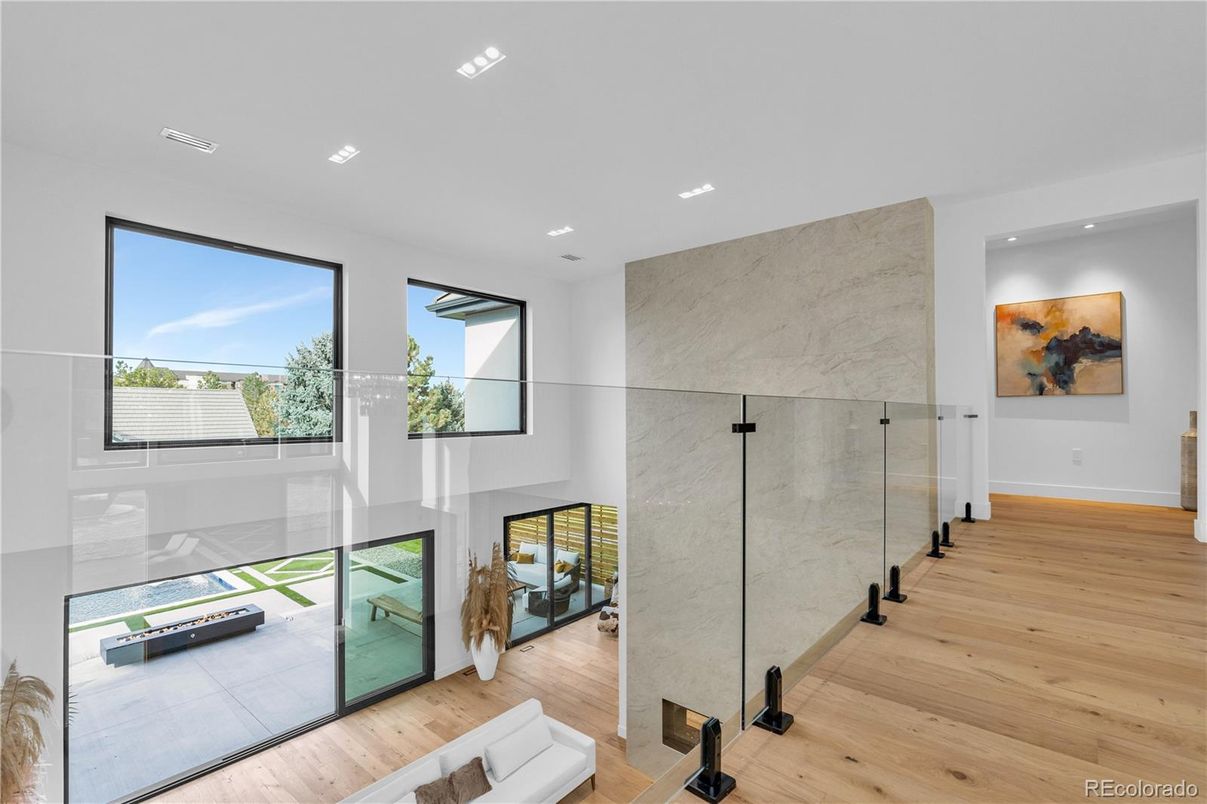 Interior, Marble Walls, Recessed Lighting, Wood Texture Flooring