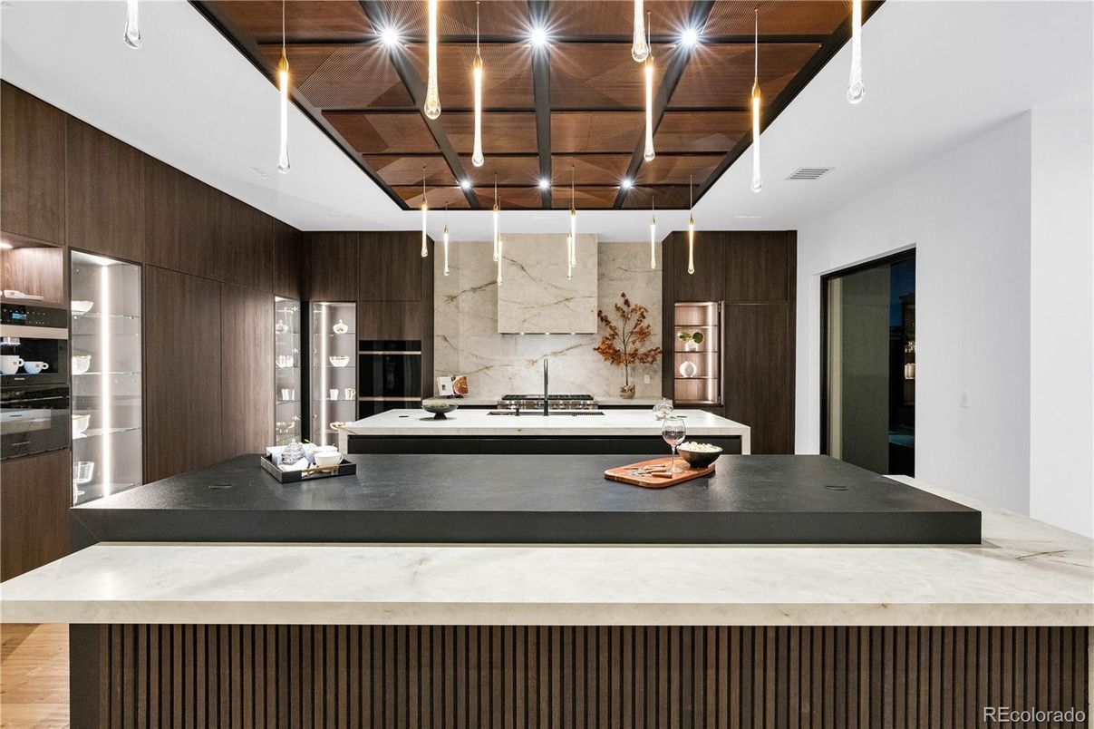 Interior, Kitchen, Marble Walls, Pendant Lights, Stainless Steel Appliances, Wooden Beams, Wooden Ceilings