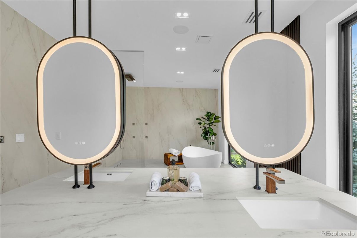 Bathroom, Free Standing Baths, Glass Shower, Interior, Marble Walls, Recessed Lighting