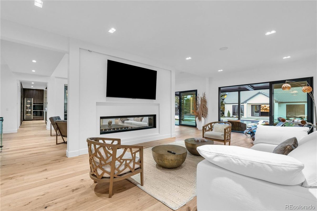 Fireplace, Interior, Living room, Recessed Lighting, Wood Texture Flooring