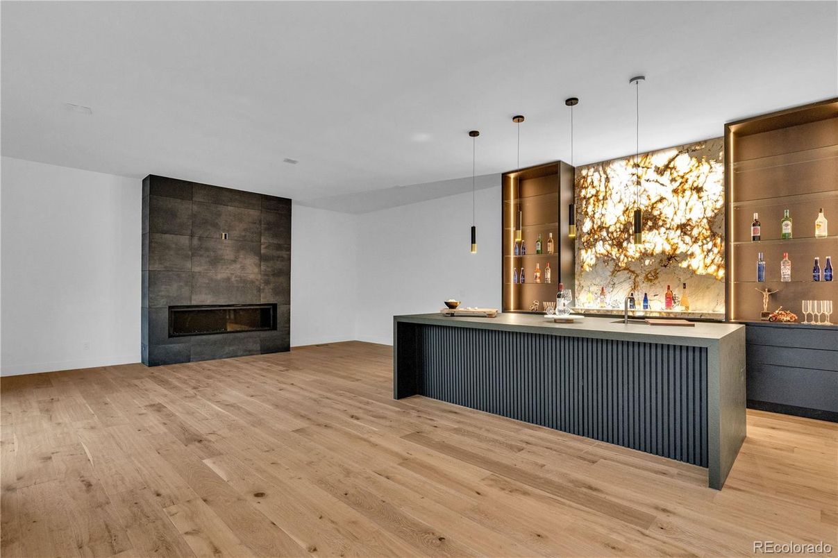 Fireplace, Interior, Pendant Lights, Recessed Lighting, Wood Texture Flooring