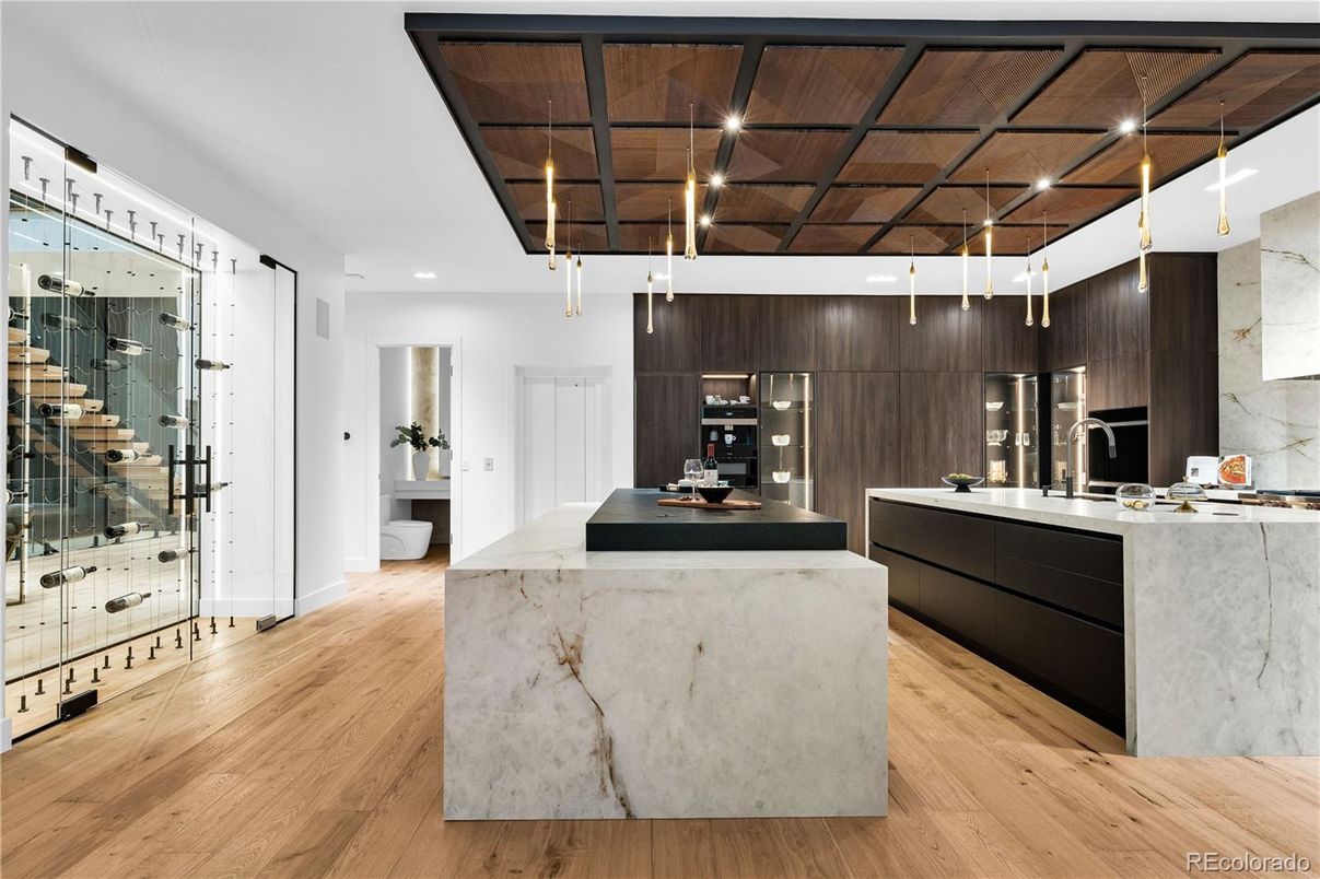 Interior, Kitchen, Marble Walls, Pendant Lights, Recessed Lighting, Stainless Steel Appliances, Wooden Beams, Wooden Ceilings, Wood Texture Flooring