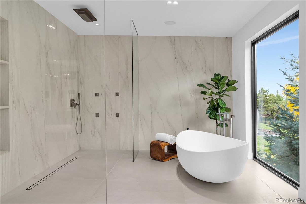 Bathroom, Free Standing Baths, Glass Shower, Interior, Marble Walls, Recessed Lighting