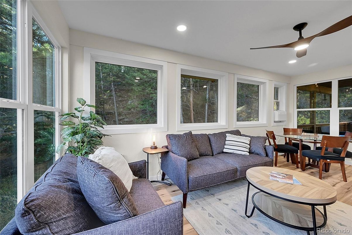 Dining room, Interior, Living room, Recessed Lighting, Wood Texture Flooring