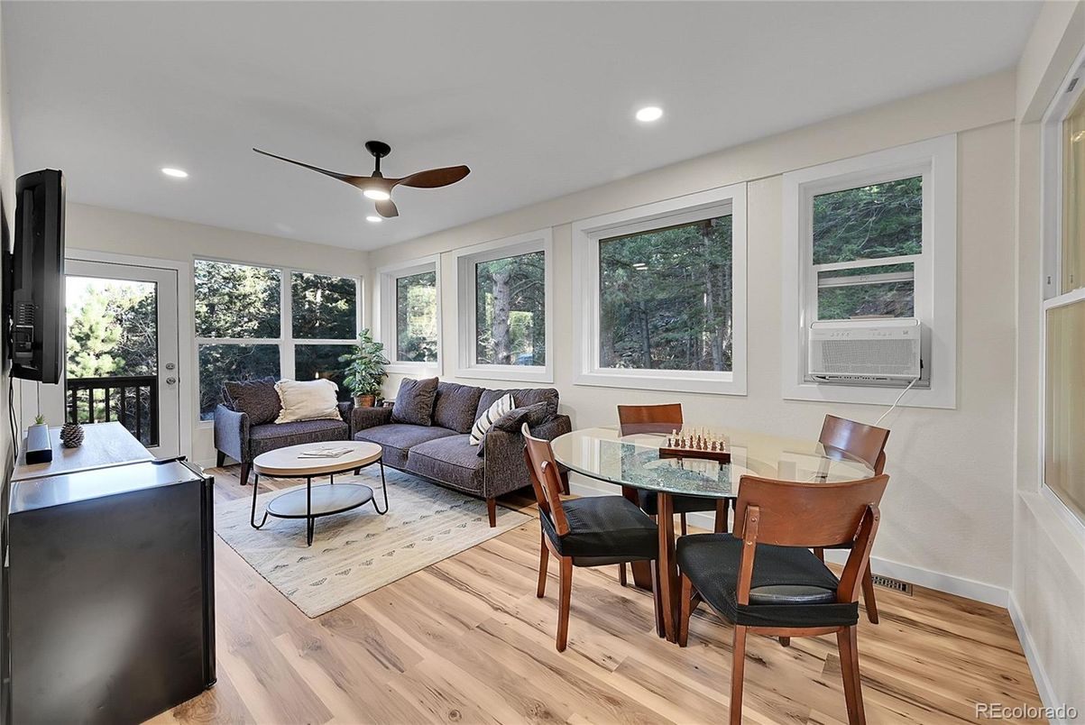 Dining room, Interior, Living room, Recessed Lighting, Wood Texture Flooring