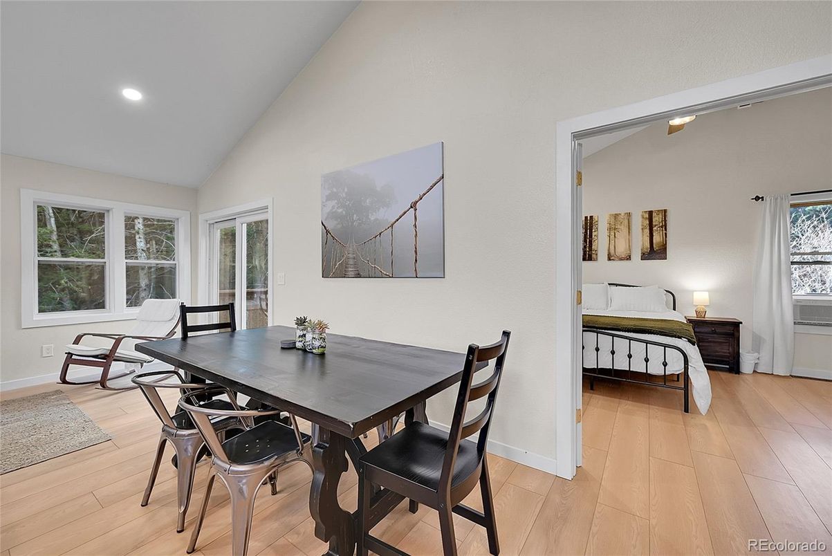 Bedroom, Dining room, Interior, Recessed Lighting, Wood Texture Flooring