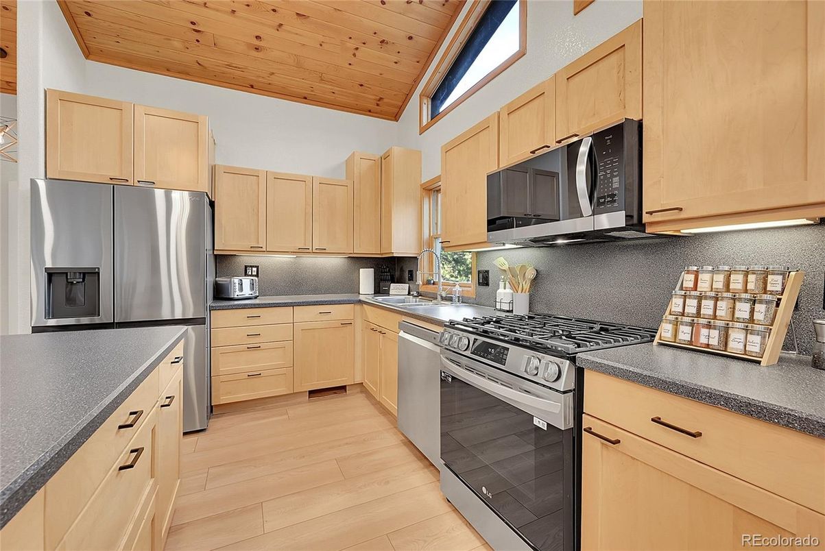 Interior, Kitchen, Stainless Steel Appliances, Wooden Ceilings, Wood Texture Flooring