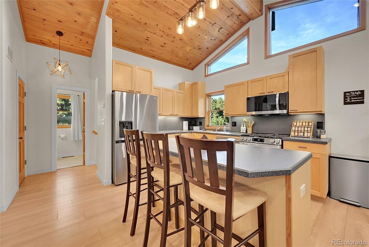 Interior, Kitchen, Pendant Lights, Stainless Steel Appliances, Wooden Ceilings, Wood Texture Flooring