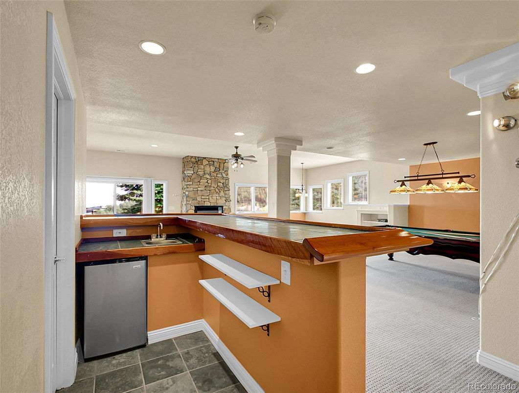 Billiard Table, Game Room, Interior, Pendant Lights, Recessed Lighting, Stone Walls