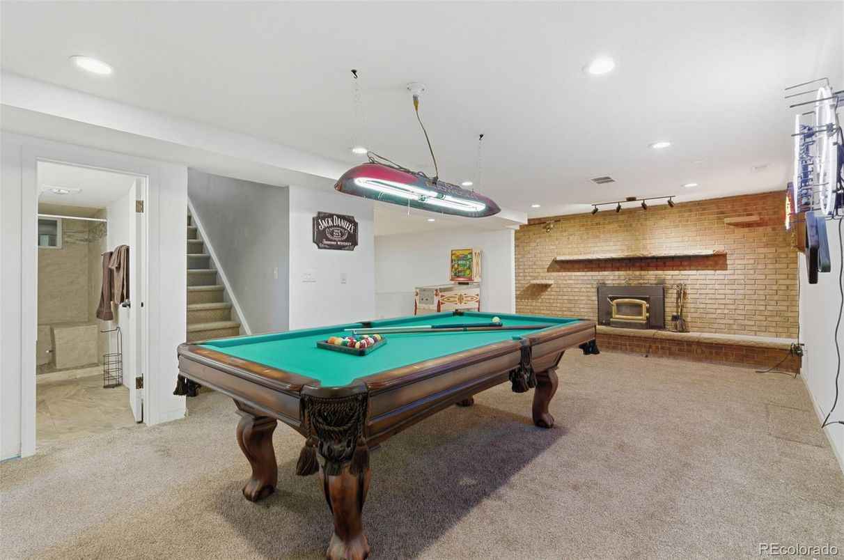 Billiard Table, Fireplace, Game Room, Interior, Pendant Lights, Recessed Lighting, Stone Walls