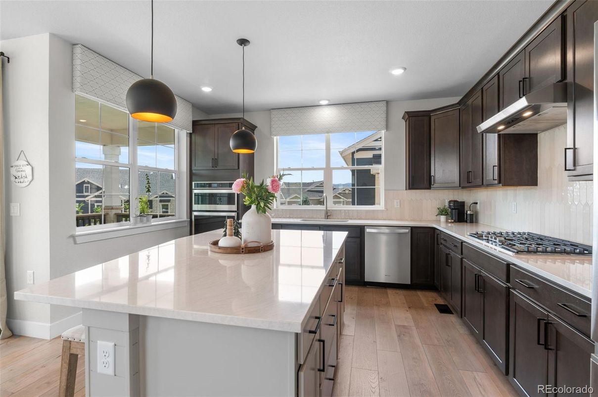 Interior, Kitchen, Pendant Lights, Recessed Lighting, Stainless Steel Appliances, Wood Texture Flooring