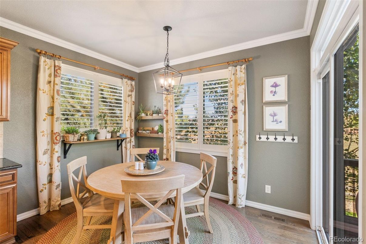 Dining room, Interior, Pendant Lights, Wood Texture Flooring