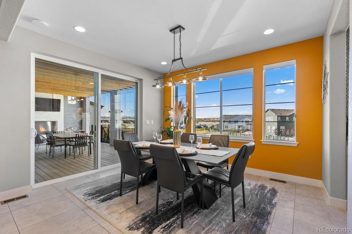 Dining room, Fireplace, Interior, Pendant Lights, Recessed Lighting
