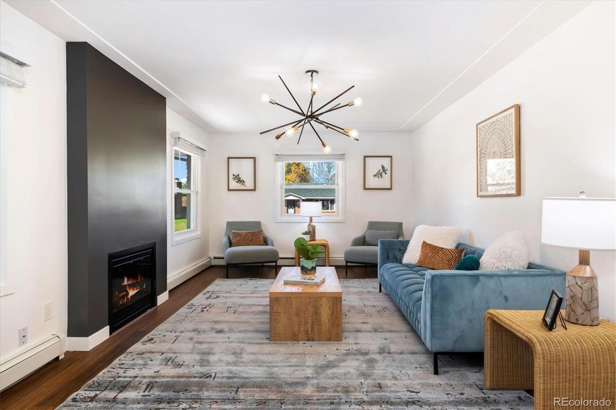 Fireplace, Interior, Living room, Pendant Lights, Wood Texture Flooring