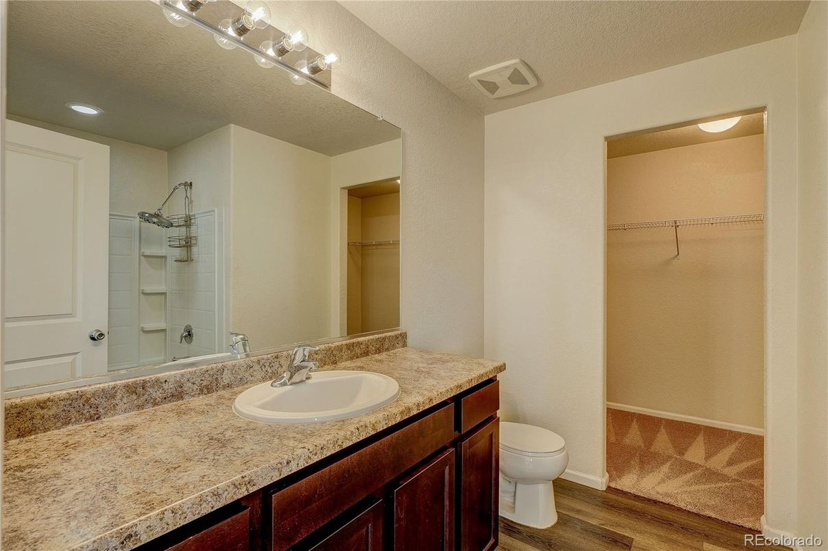 Bathroom, Interior, Recessed Lighting, Walk-in Closets, Wood Texture Flooring