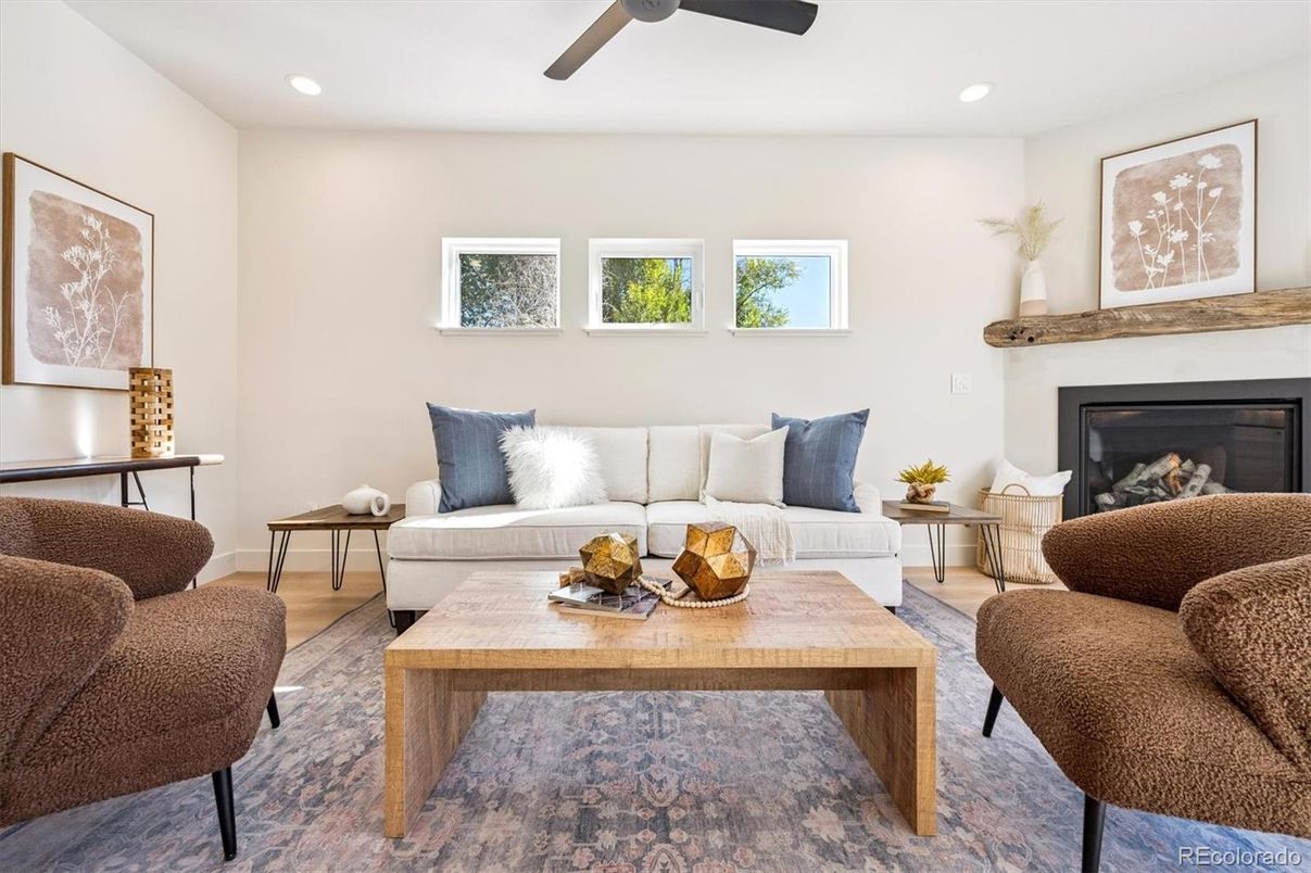 Fireplace, Interior, Living room, Recessed Lighting, Wood Texture Flooring