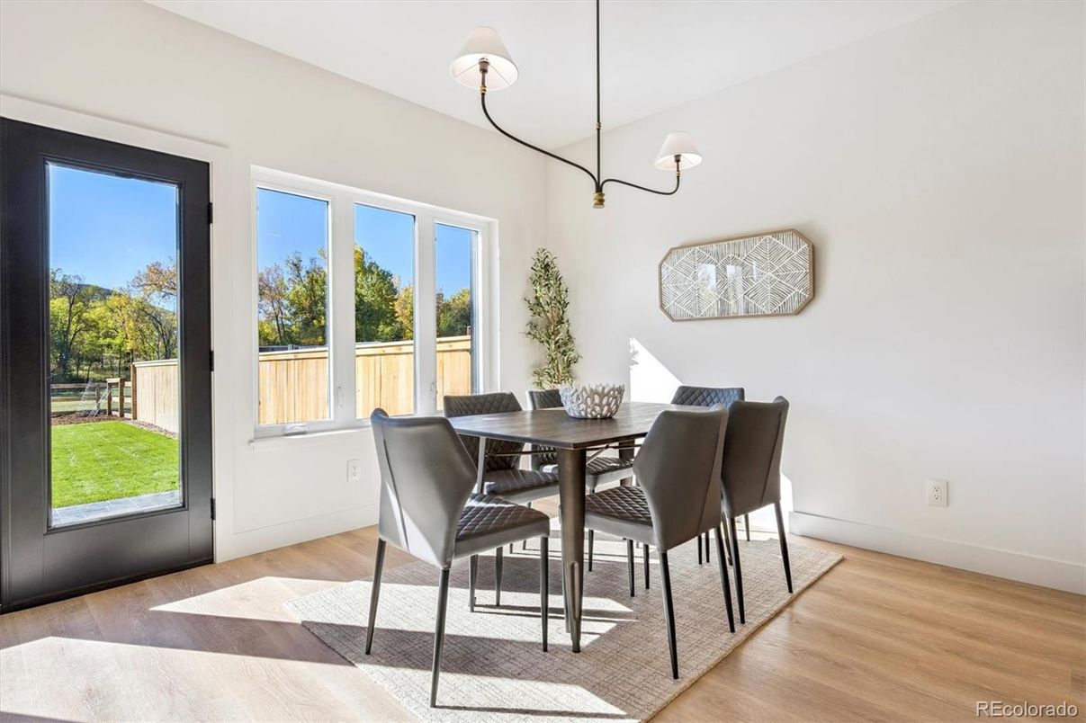 Dining room, Interior, Pendant Lights, Wood Texture Flooring