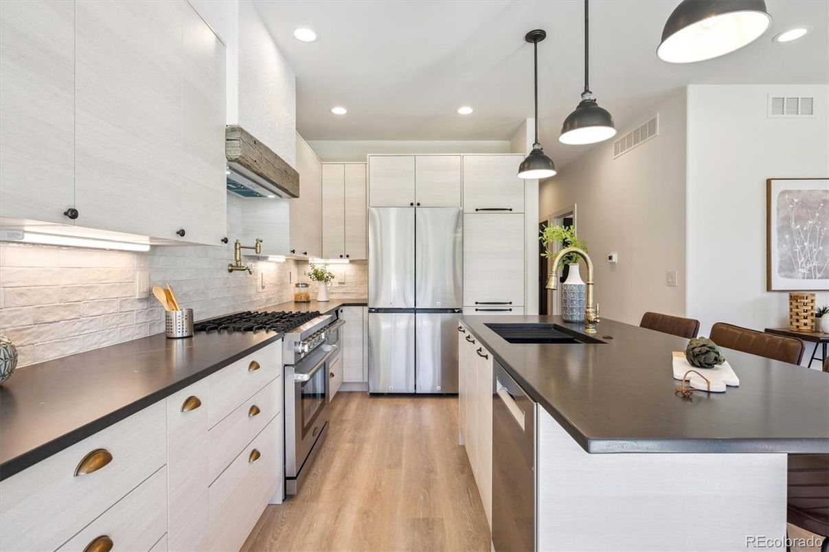 Interior, Kitchen, Pendant Lights, Recessed Lighting, Stainless Steel Appliances, Wood Texture Flooring