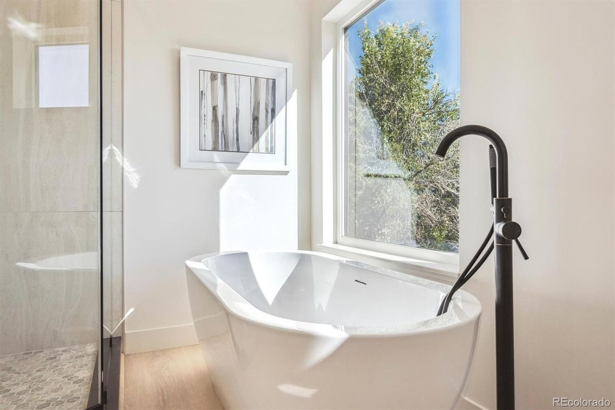 Bathroom, Free Standing Baths, Glass Shower, Interior, Wood Texture Flooring
