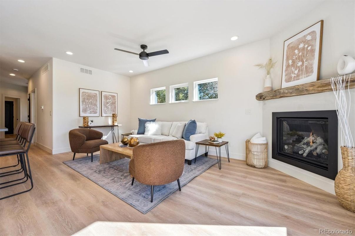 Fireplace, Interior, Living room, Recessed Lighting, Wood Texture Flooring