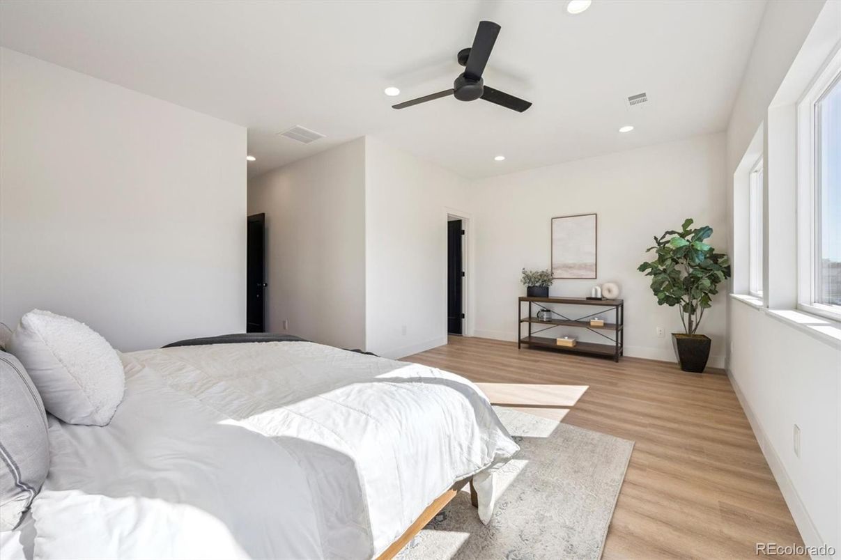 Bedroom, Interior, Recessed Lighting, Wood Texture Flooring