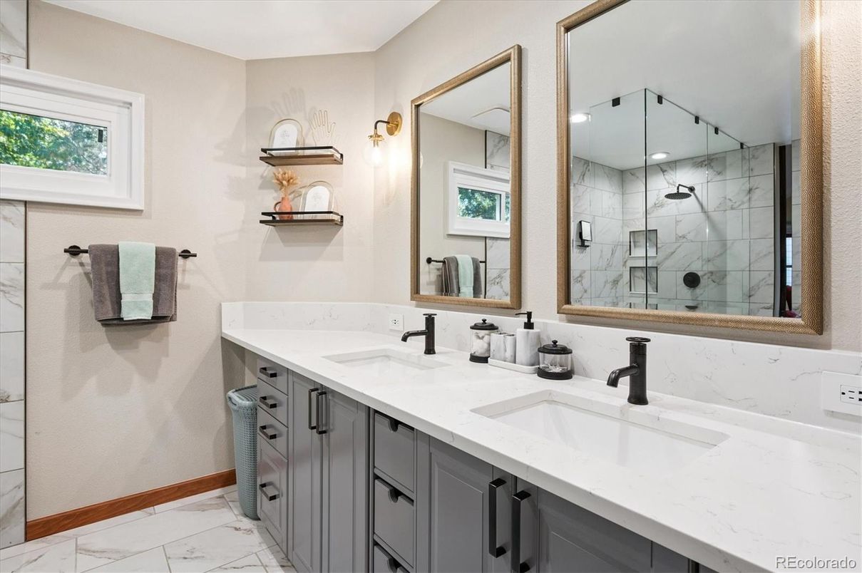 Bathroom, Dual Sink Vanities, Glass Shower, Interior, Marble, Marble Walls