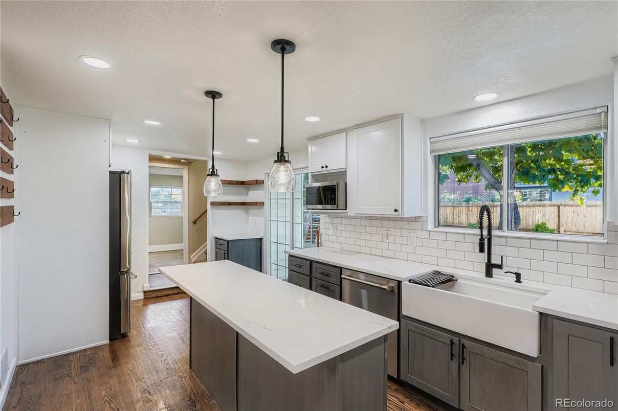 Interior, Kitchen, Pendant Lights, Recessed Lighting, Stainless Steel Appliances, Wood Texture Flooring