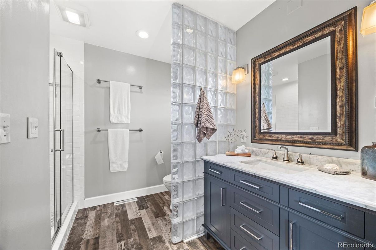 Bathroom, Glass Shower, Interior, Recessed Lighting, Wood Texture Flooring