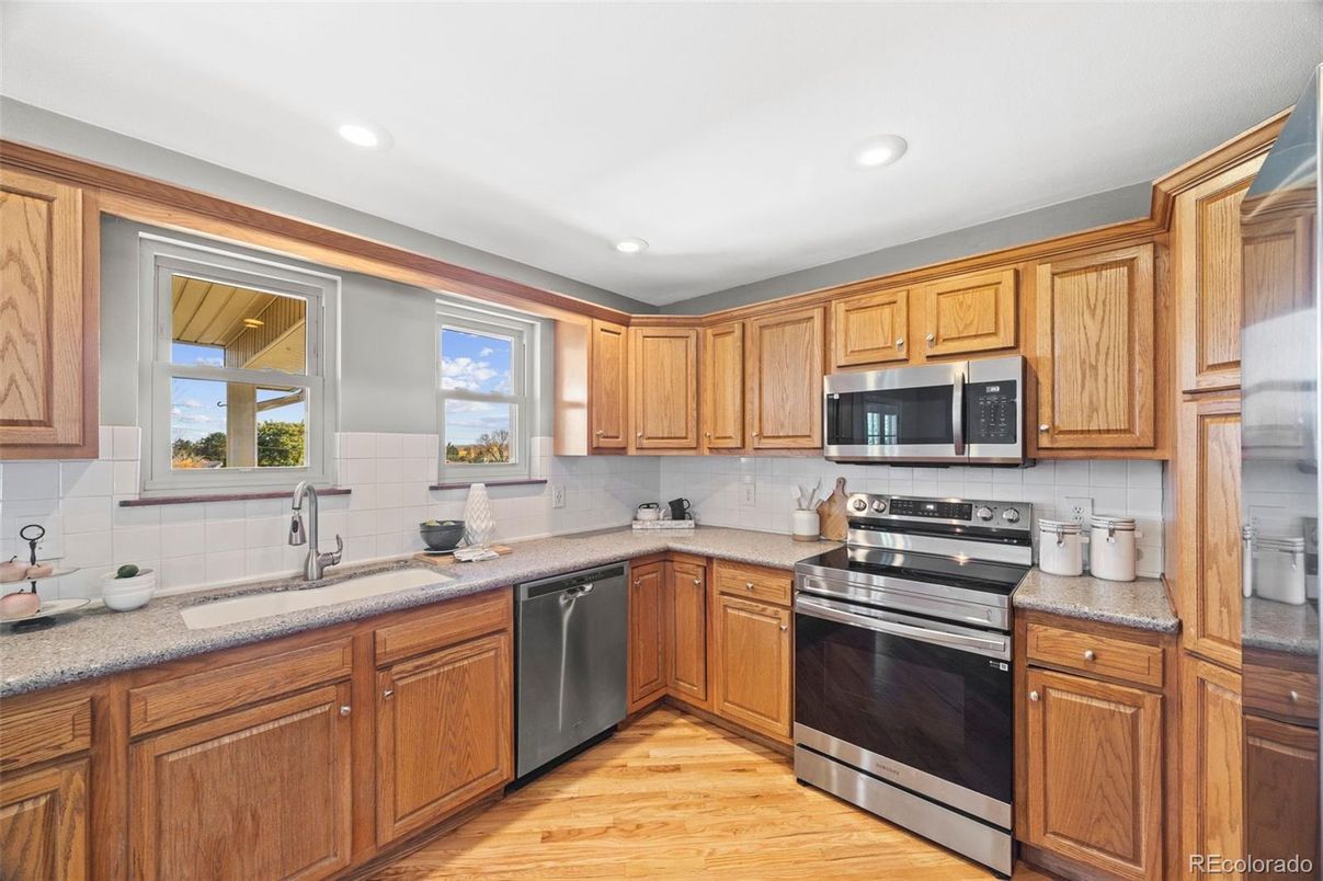 Interior, Kitchen, Recessed Lighting, Stainless Steel Appliances, Wood Texture Flooring