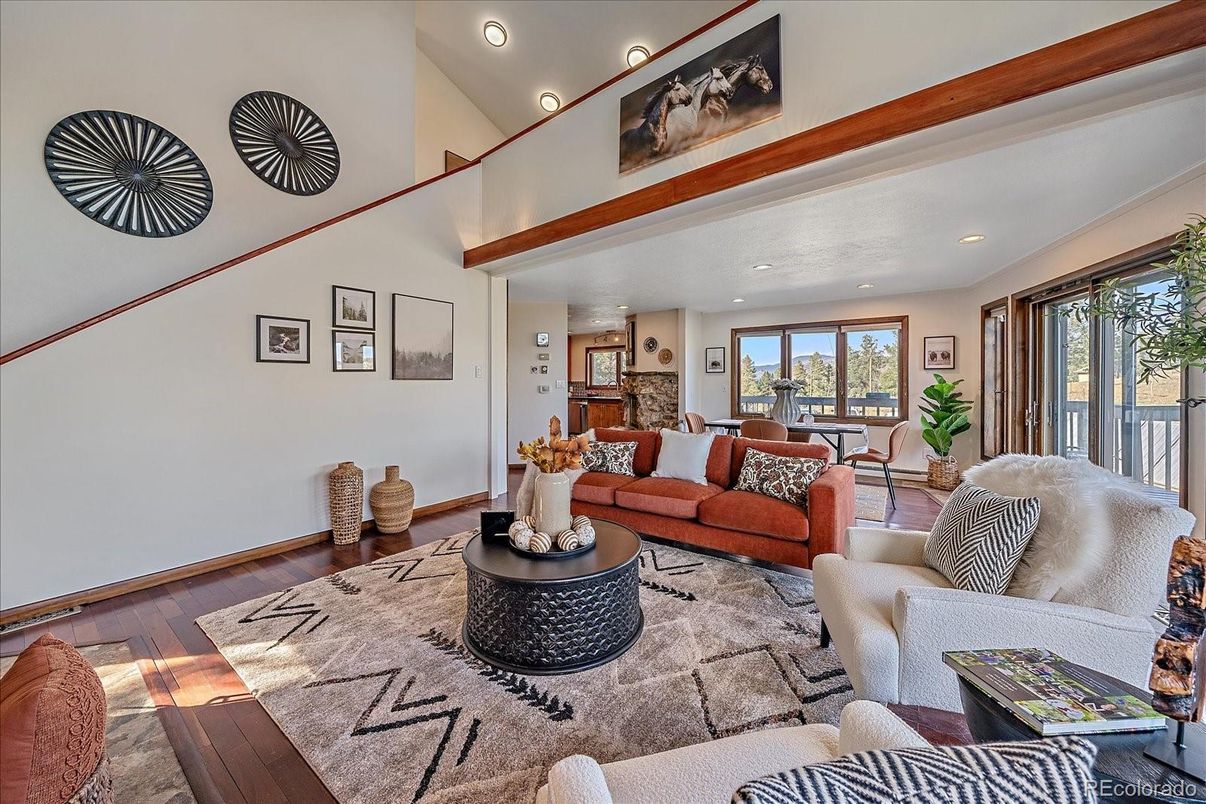 Dining room, Interior, Living room, Recessed Lighting, Wood Texture Flooring