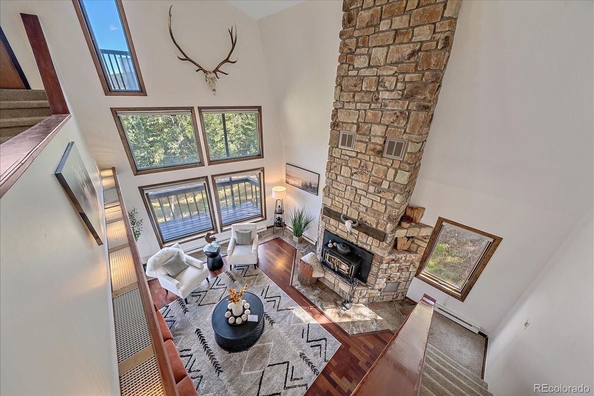 Fireplace, Interior, Living room, Stone Walls, Wood Texture Flooring