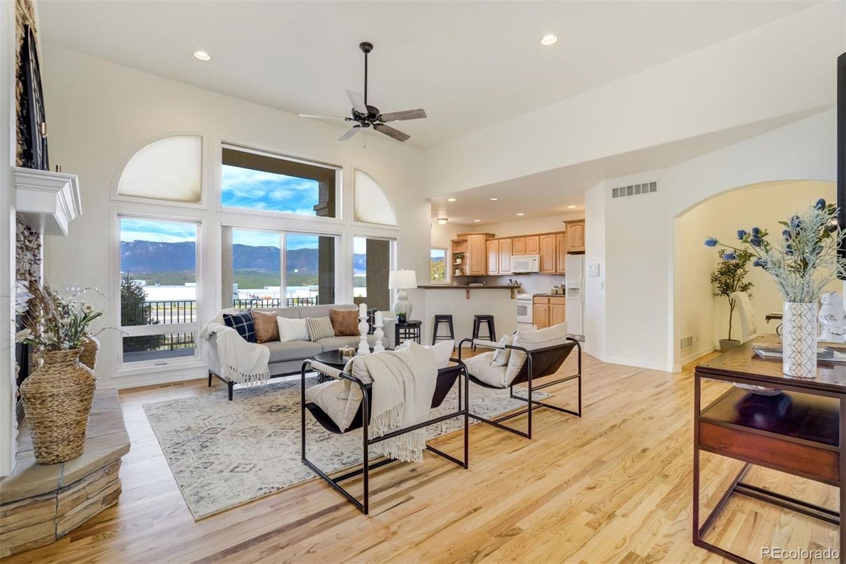 Fireplace, Interior, Kitchen, Living room, Recessed Lighting, Wood Texture Flooring