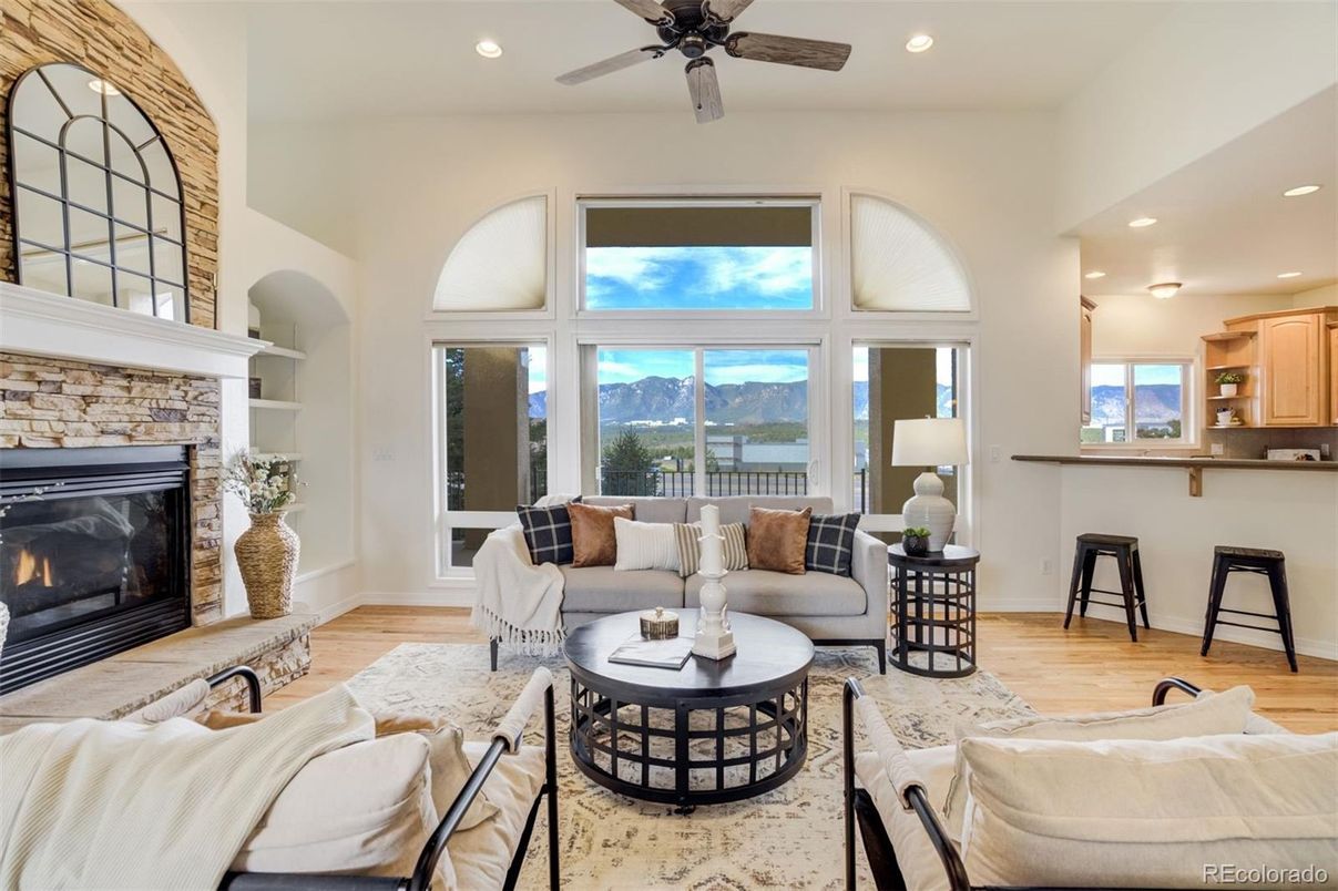 Fireplace, Interior, Living room, Recessed Lighting, Wood Texture Flooring