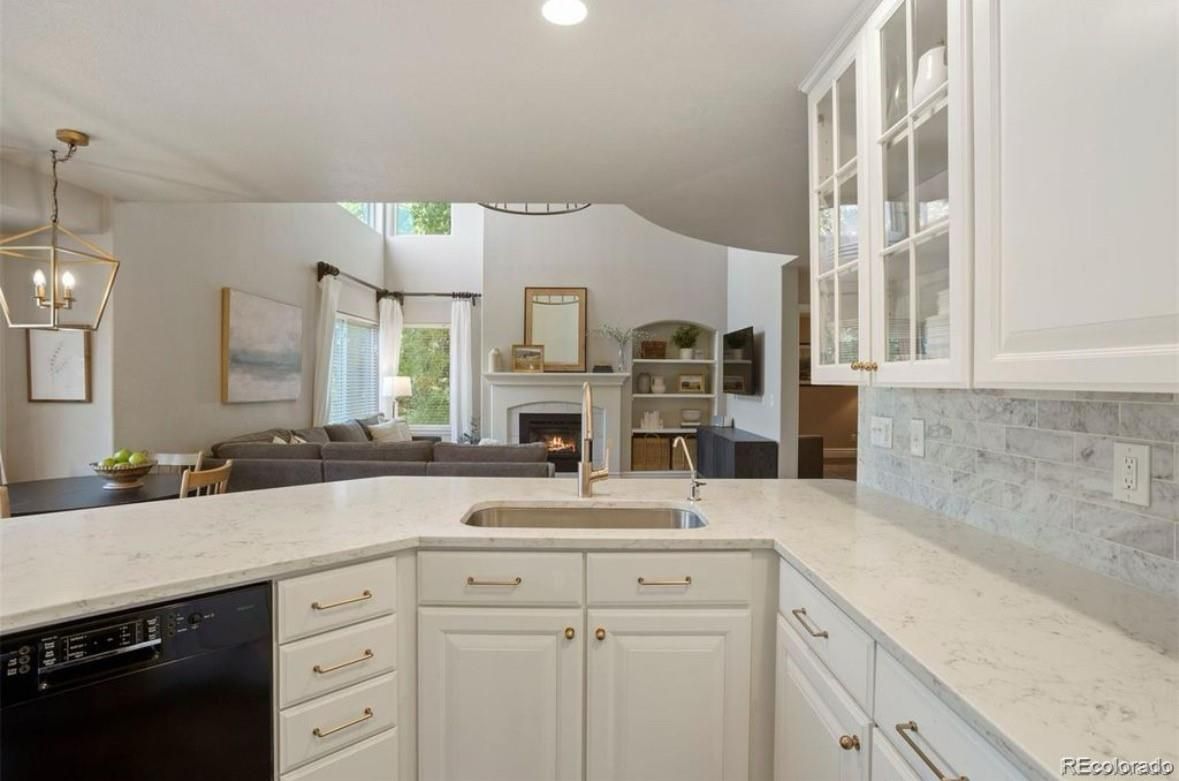 Fireplace, Interior, Kitchen, Living room, Pendant Lights, Recessed Lighting