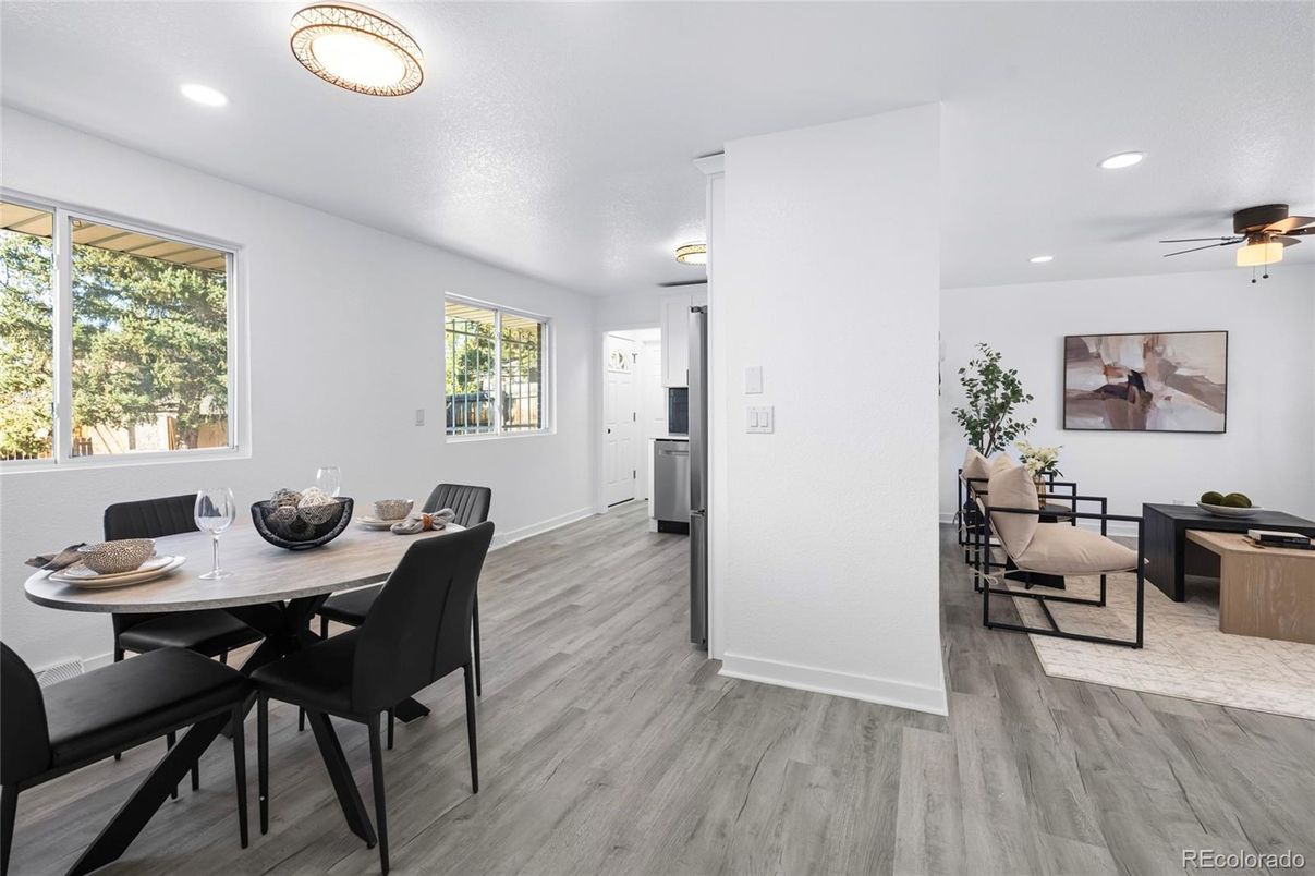 Dining room, Interior, Recessed Lighting, Wood Texture Flooring