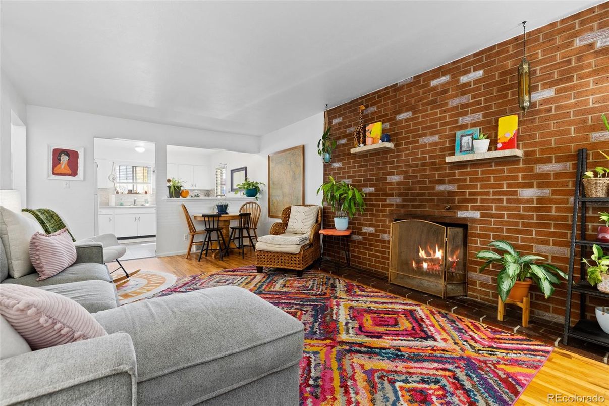 Dining room, Fireplace, Interior, Living room, Stone Walls, Wood Texture Flooring