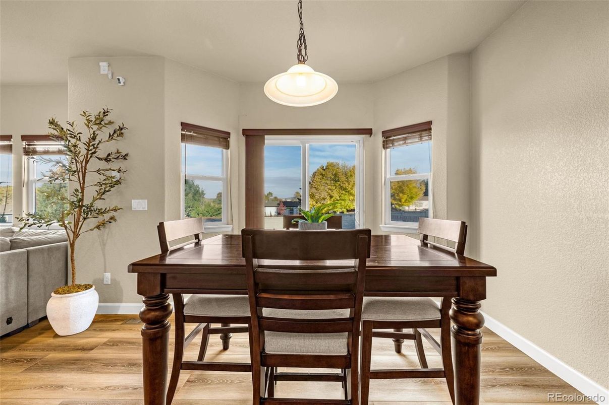 Dining room, Interior, Pendant Lights, Wood Texture Flooring