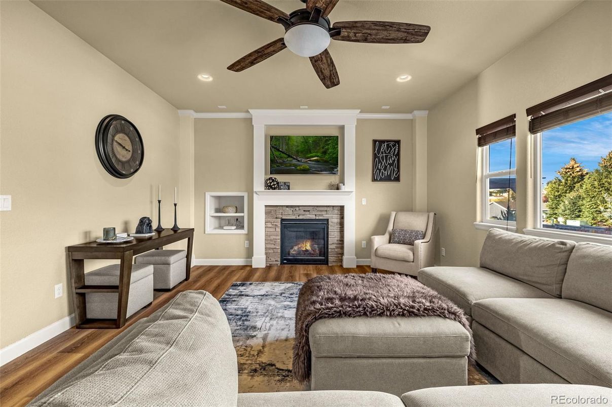 Fireplace, Interior, Living room, Recessed Lighting, Wood Texture Flooring