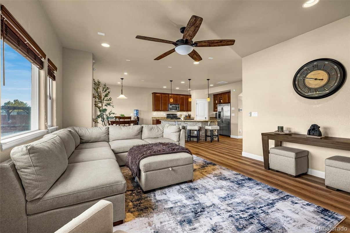 Interior, Kitchen, Living room, Pendant Lights, Recessed Lighting, Stainless Steel Appliances, Wood Texture Flooring
