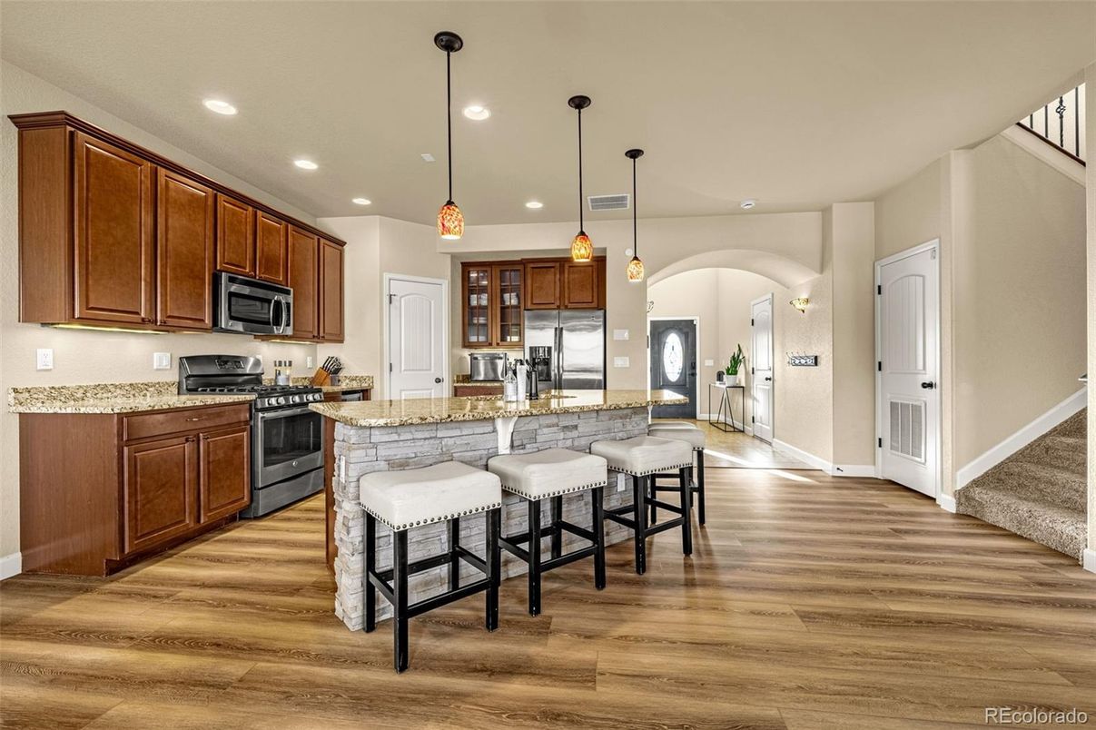 Interior, Kitchen, Pendant Lights, Recessed Lighting, Stainless Steel Appliances, Wood Texture Flooring