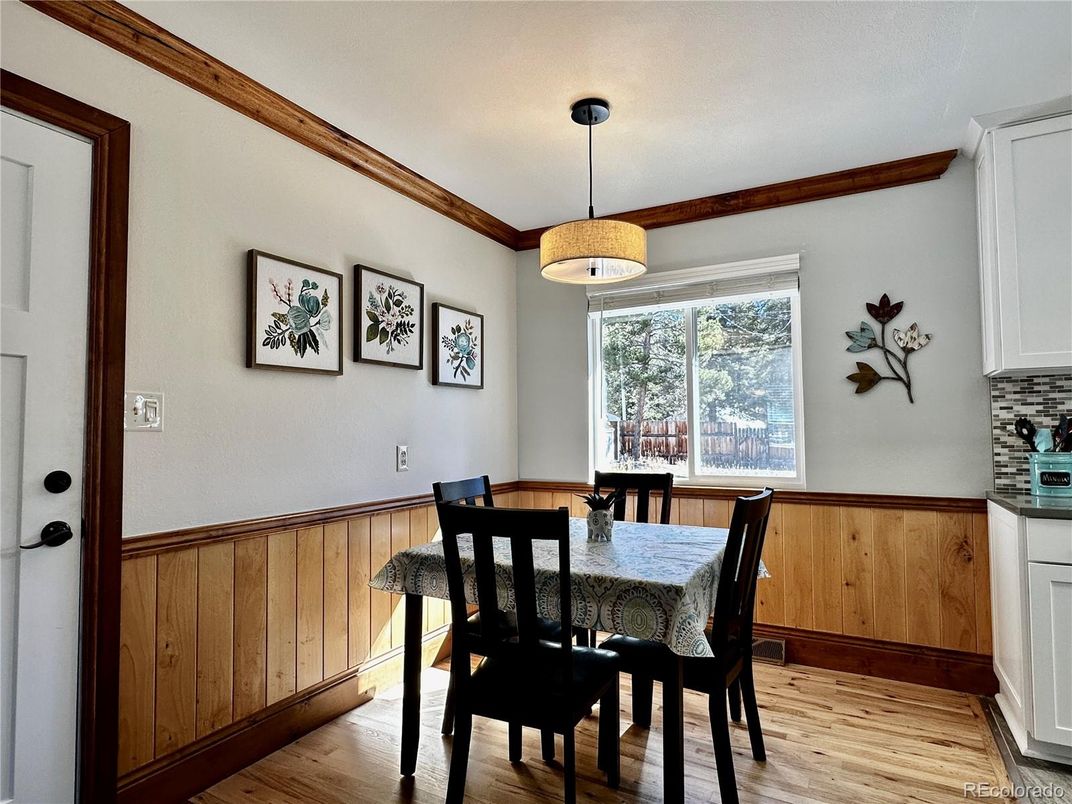 Dining room, Interior, Pendant Lights, Wood Texture Flooring