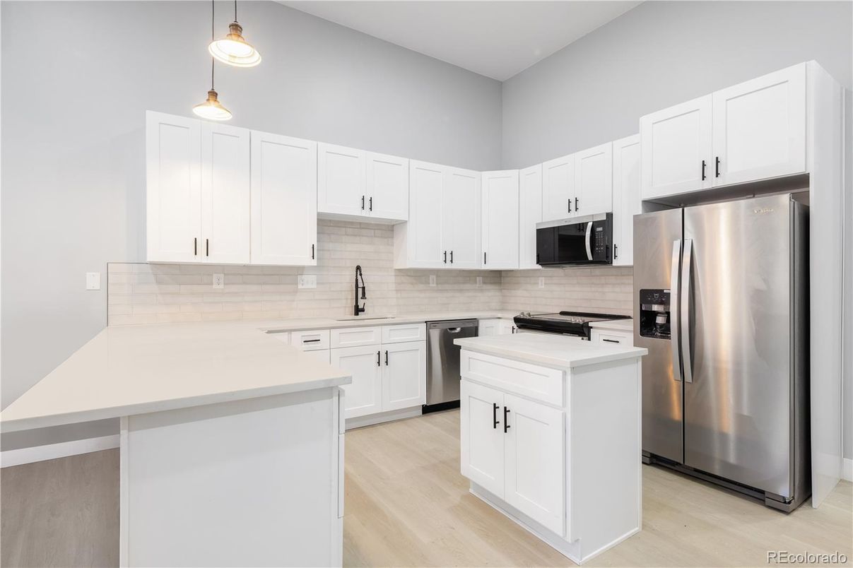 Interior, Kitchen, Pendant Lights, Stainless Steel Appliances, Wood Texture Flooring