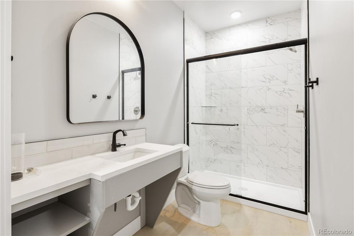 Bathroom, Interior, Marble Walls, Recessed Lighting, Wood Texture Flooring