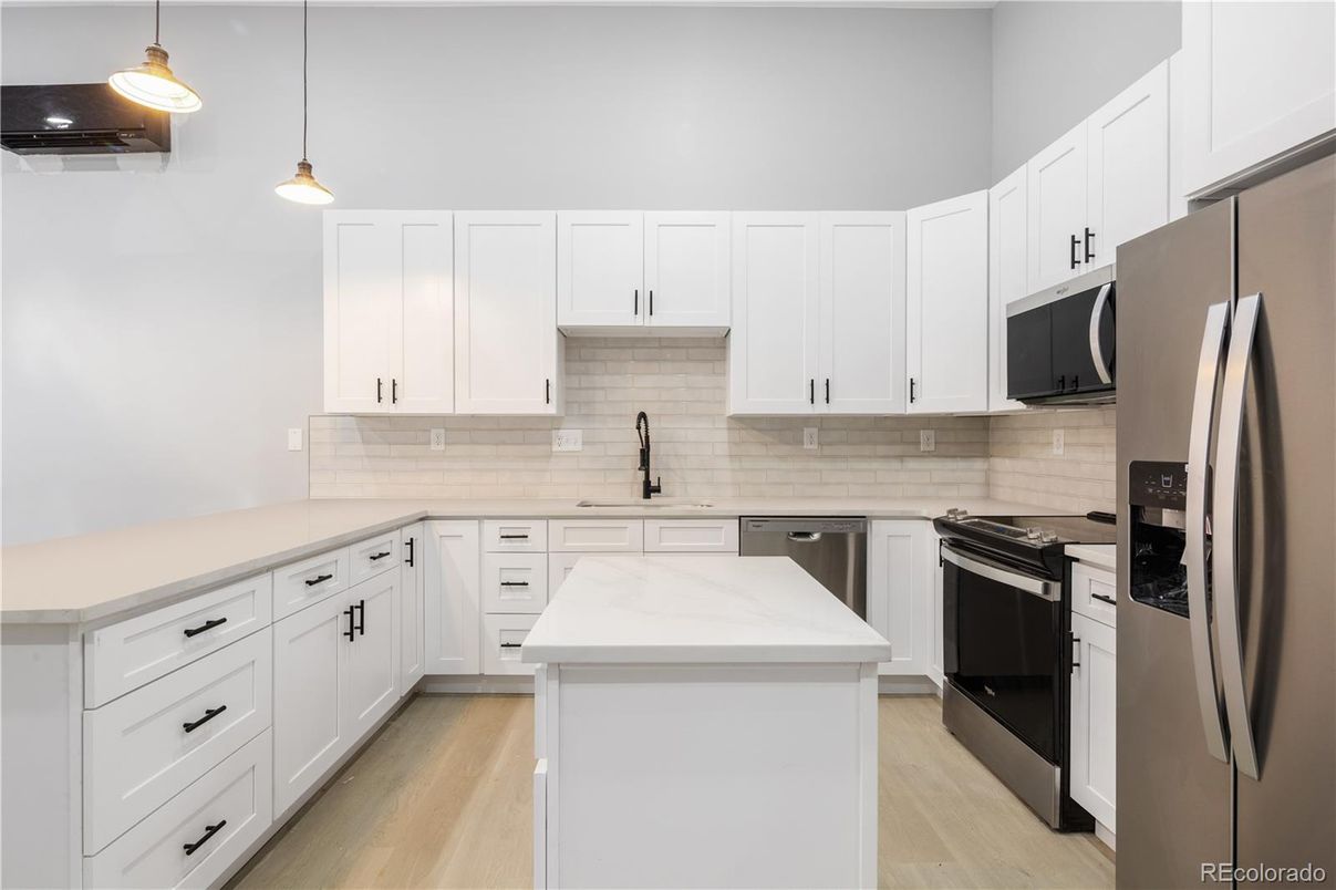 Interior, Kitchen, Pendant Lights, Stainless Steel Appliances, Wood Texture Flooring