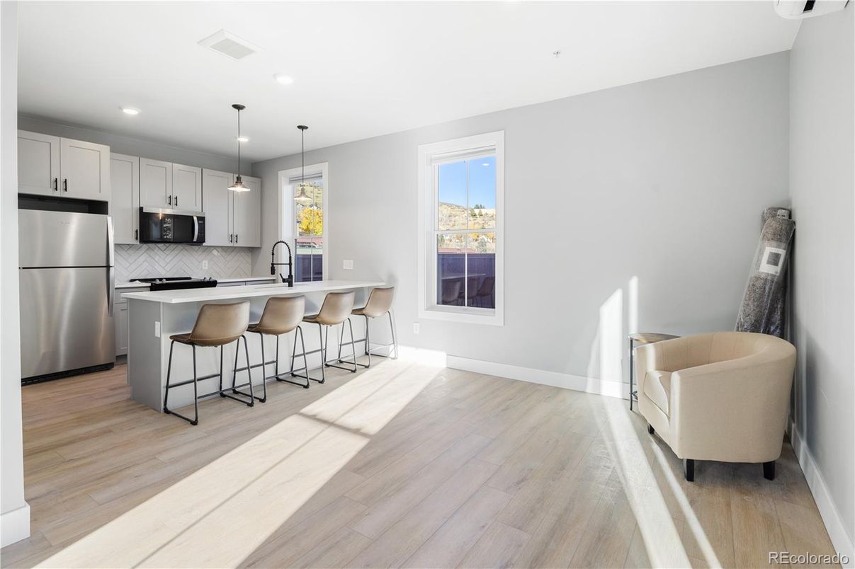 Interior, Kitchen, Pendant Lights, Recessed Lighting, Stainless Steel Appliances, Wood Texture Flooring