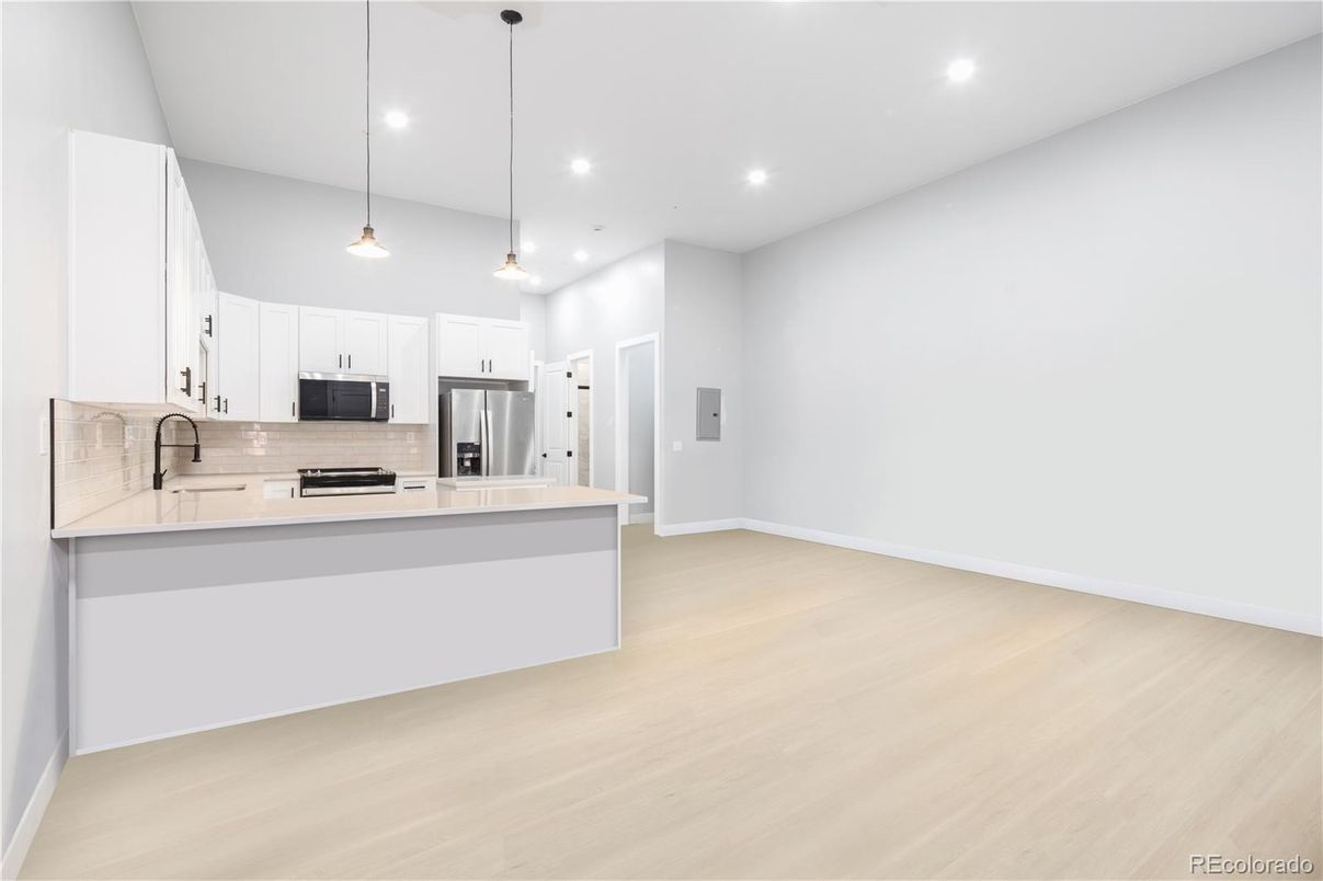 Interior, Kitchen, Pendant Lights, Recessed Lighting, Stainless Steel Appliances, Wood Texture Flooring