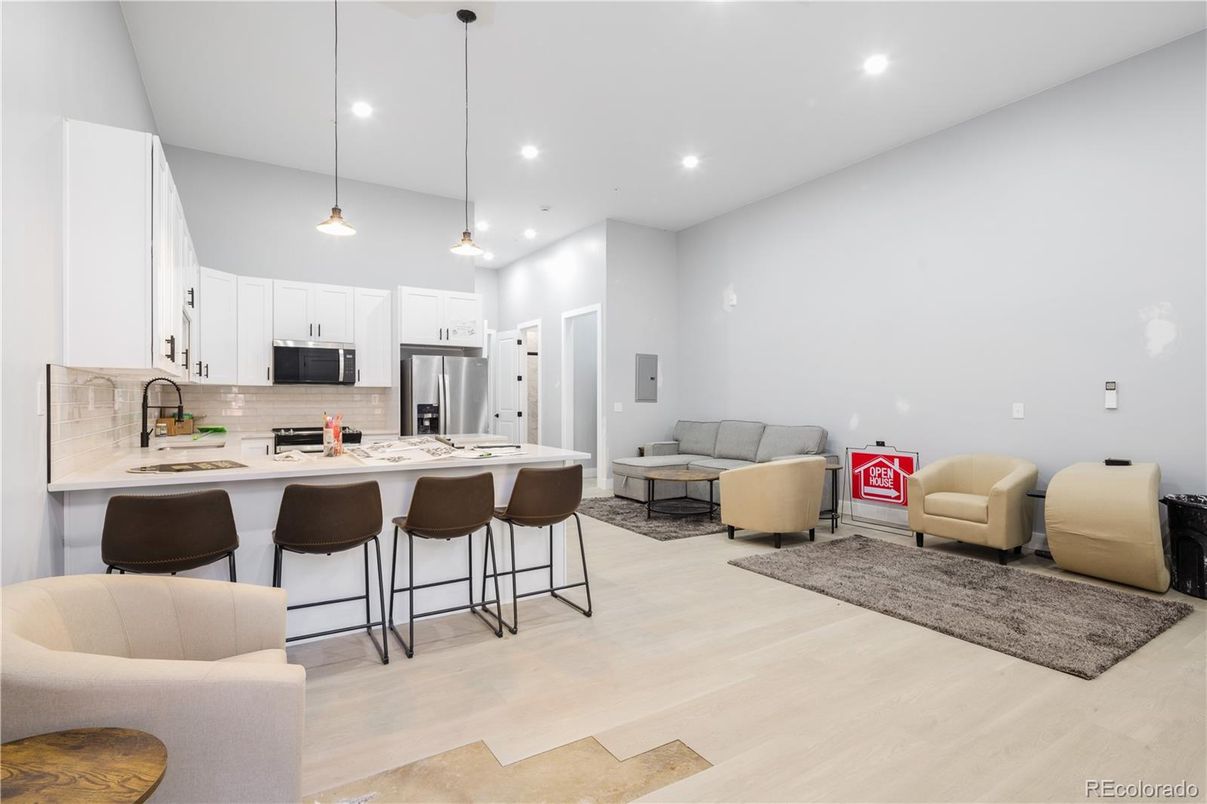 Interior, Kitchen, Living room, Pendant Lights, Recessed Lighting, Stainless Steel Appliances, Wood Texture Flooring