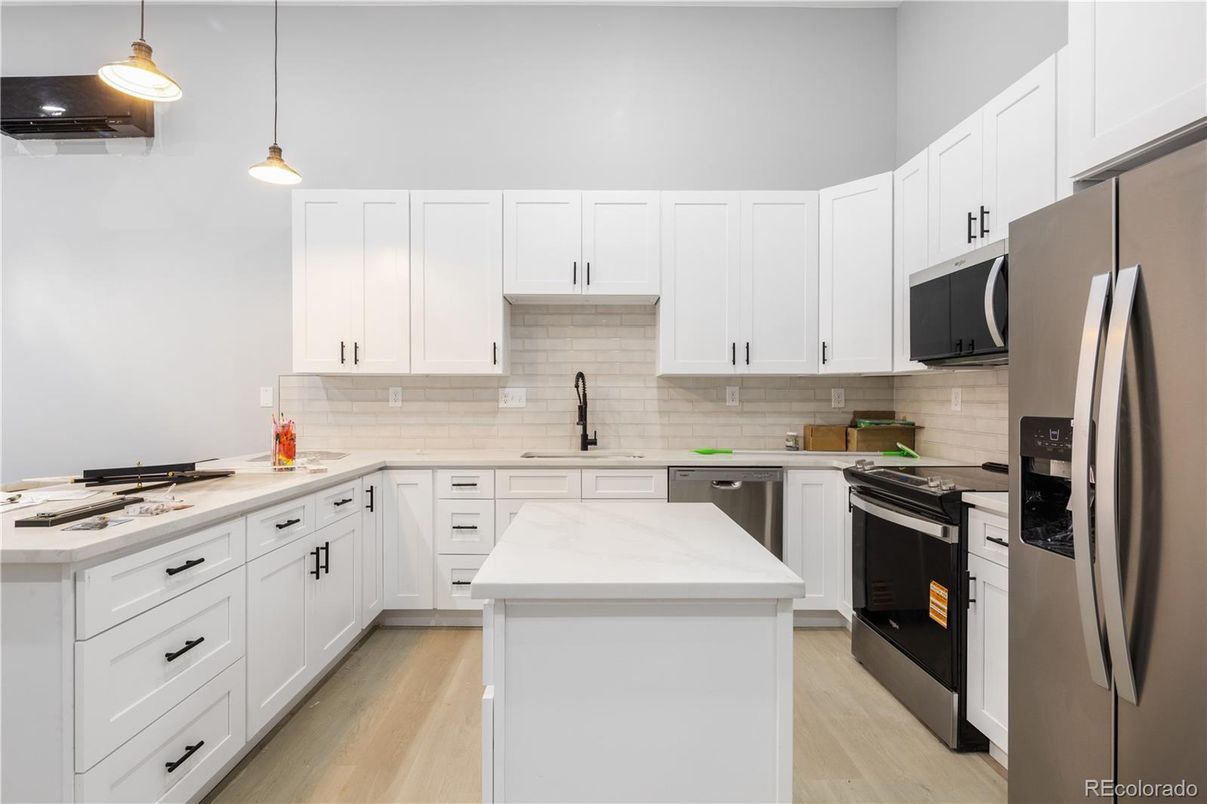 Interior, Kitchen, Pendant Lights, Stainless Steel Appliances, Wood Texture Flooring